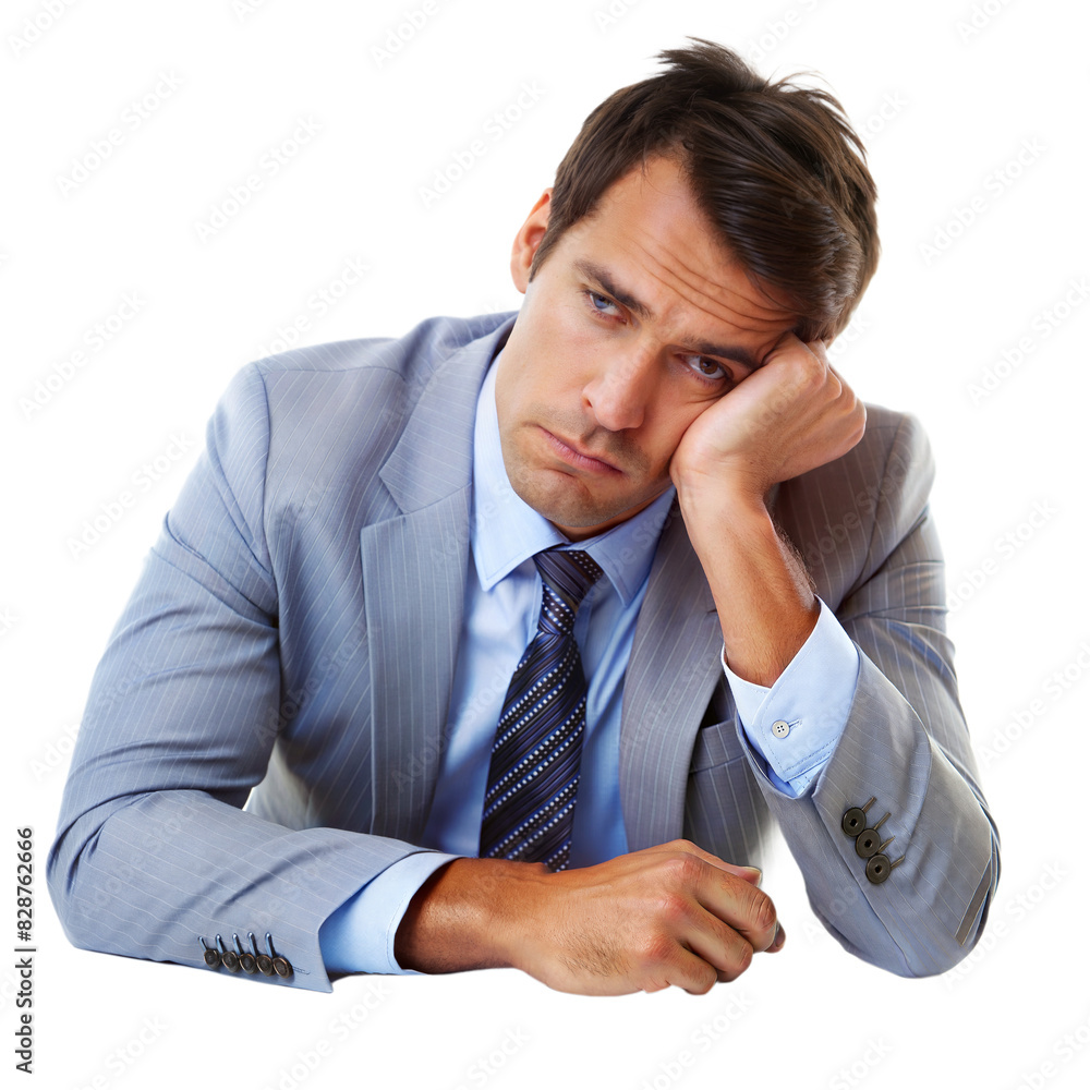 Fatigued Office Worker – Male: A portrait of a fatigued male office worker, resting his head on his hand, isolated on a white background.
Fatigued Office Worker – Male: A portrait of a fatigued male office worker, resting his head on his hand, isolated on a white background.