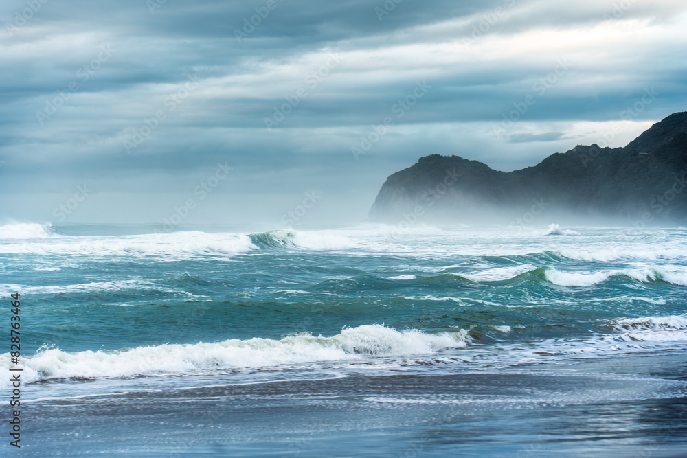 Moody sea with breaking wave on coastline Moody sea with breaking wave on coastline