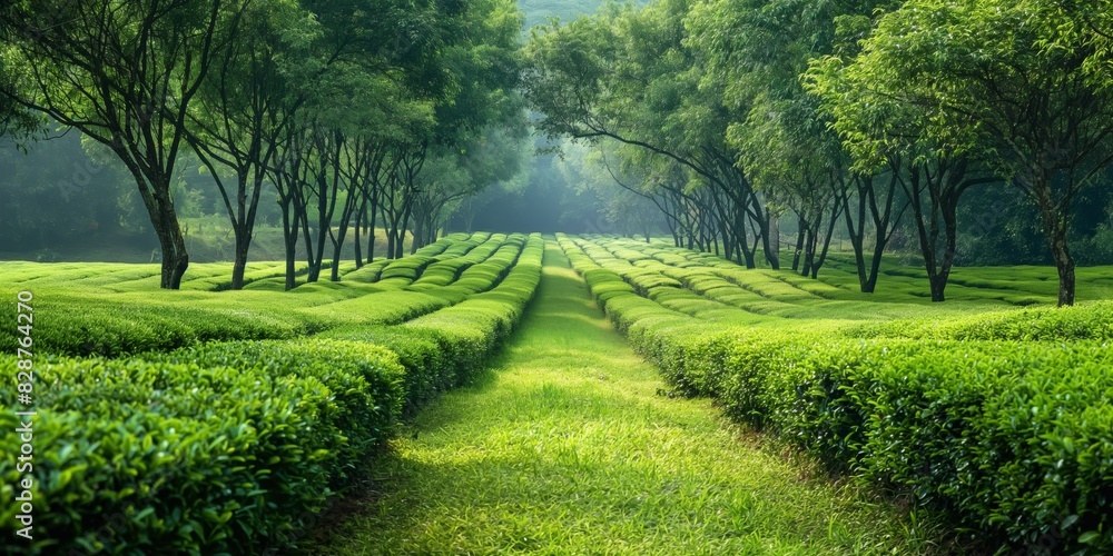 This lush image captures the serene beauty of a tea plantation, with vibrant green rows and overhanging trees