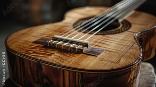 Close up view of a wooden guitar