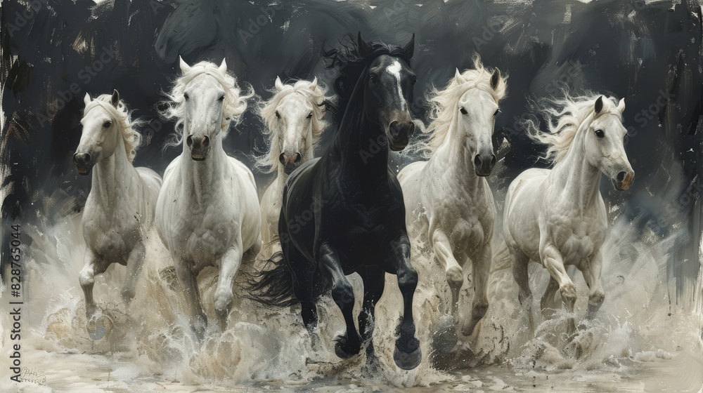 Fototapeta premium Majestic Black Horse Leading a Herd of White Horses Galloping Through Water.