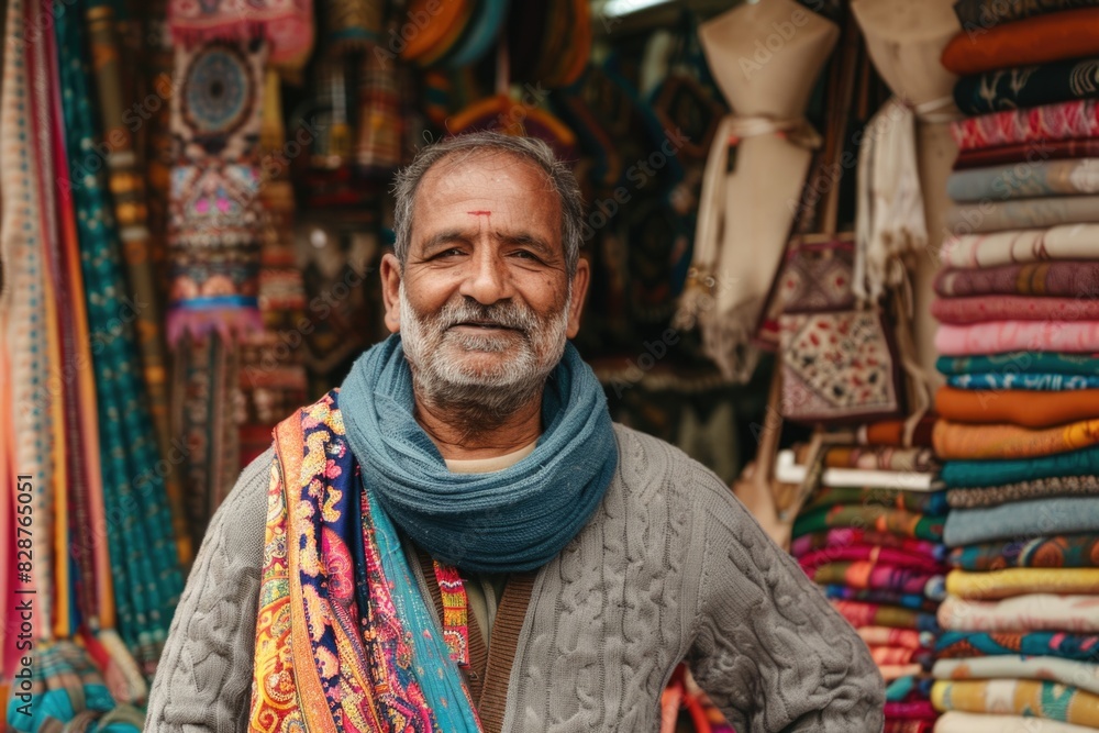 Indian man selling shawls  clothing  and souvenirs at store.