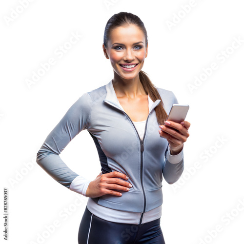 A cheerful woman in athletic clothing stands smiling, holding her smartphone against a plain white backdrop