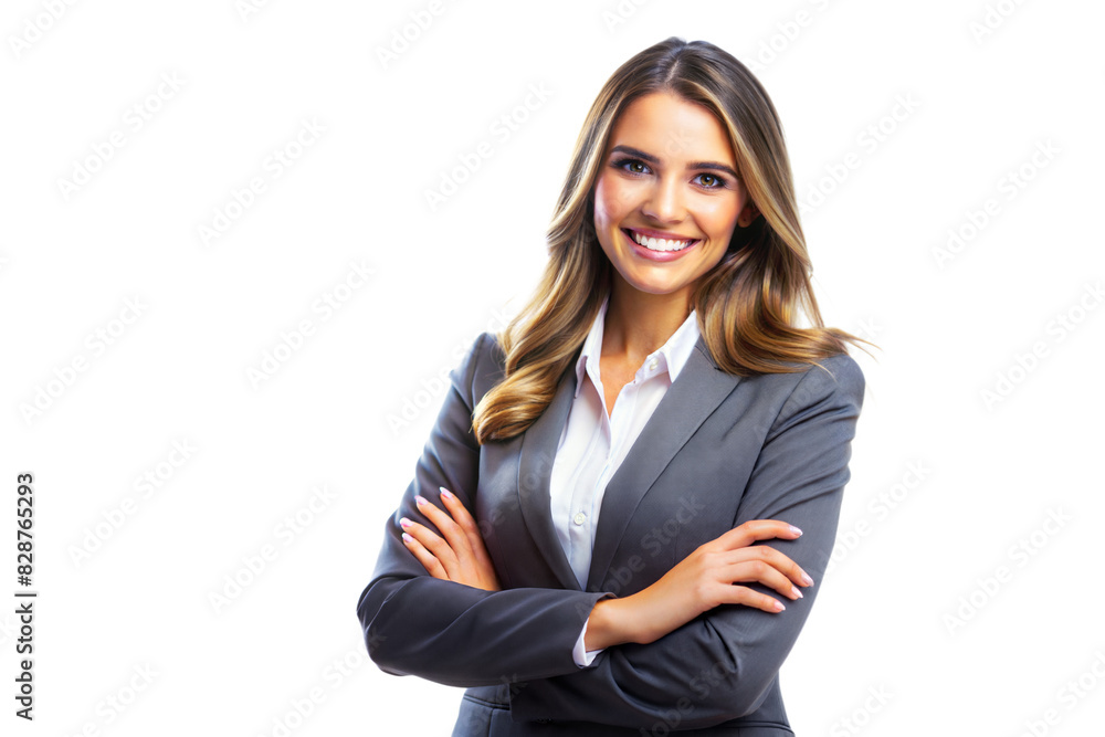 A confident woman smiling in a gray business suit with arms crossed, set against a clean white background A confident woman smiling in a gray business suit with arms crossed, set against a clean white background