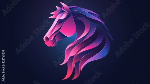 Abstract Neon Horse Head Illustration in Vibrant Pink and Purple Hues Against Dark Background.
