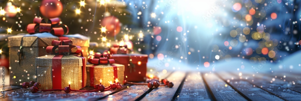 a group of presents sitting on top of a wooden table next to a christmas tree with lights on it.. a group of presents sitting on top of a wooden table next to a christmas tree with lights on it..
