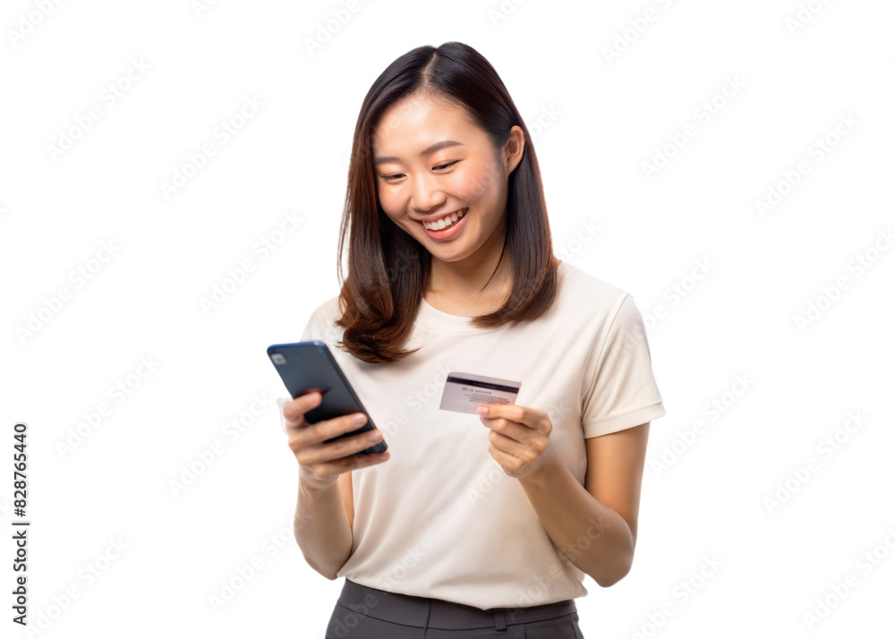 Smiling woman holds smartphone and credit card, engaging in an online shopping experience, standing against a white background Smiling woman holds smartphone and credit card, engaging in an online shopping experience, standing against a white background
