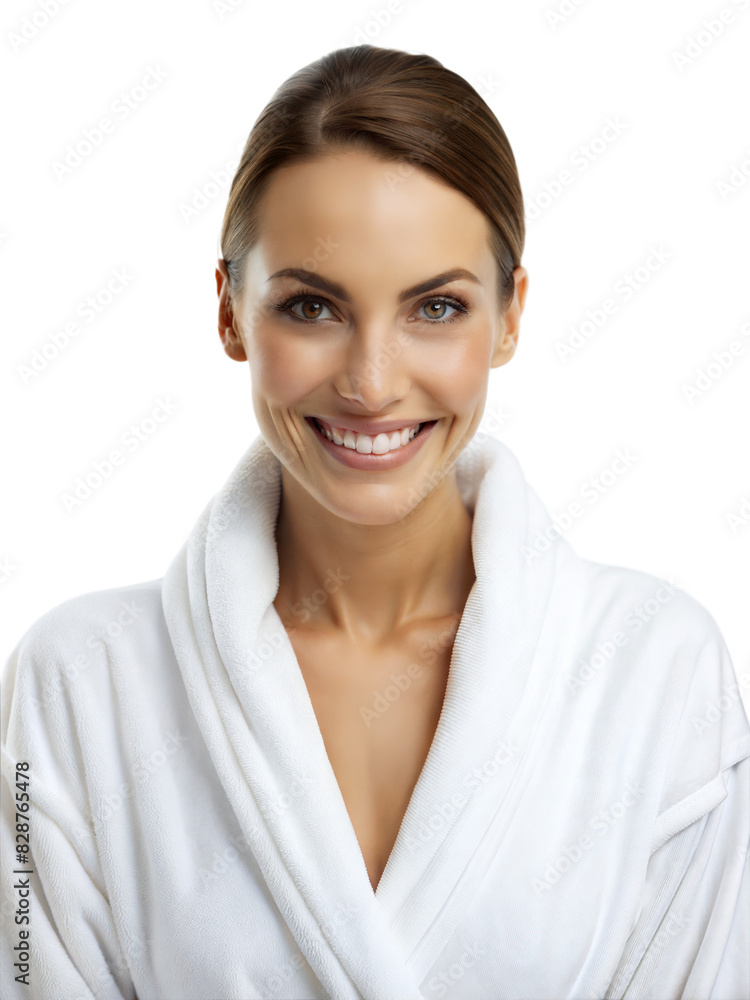 Woman smiling warmly while dressed in a white bathrobe, standing in front of a plain white background Woman smiling warmly while dressed in a white bathrobe, standing in front of a plain white background