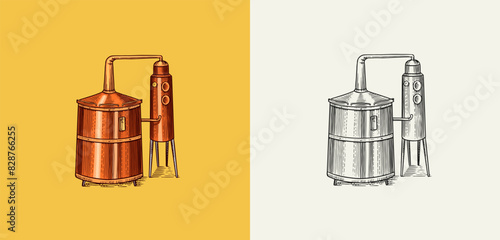 Distilled alcohol. Device for preparing tequila, cognac and spirits. Engraved hand drawn vintage sketch. Woodcut style. Vector illustration for menu or poster.