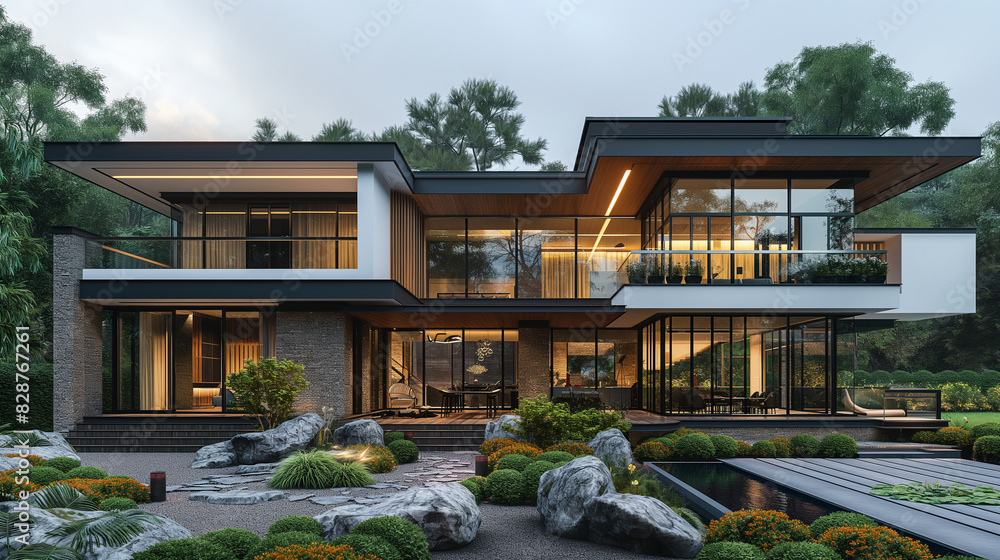 Obraz premium two story house inspired by the modern architecture with glass windows, in the style of traditional vietnamese, realistic and naturalistic textures , facade with stone tiles, a wood paneling, Large gl
