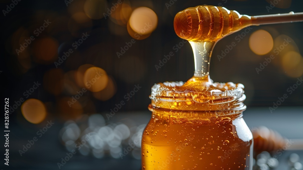 Golden honey dripping from a wooden dipper into a glass jar with sparkling background. Generative Ai Golden honey dripping from a wooden dipper into a glass jar with sparkling background. Generative Ai