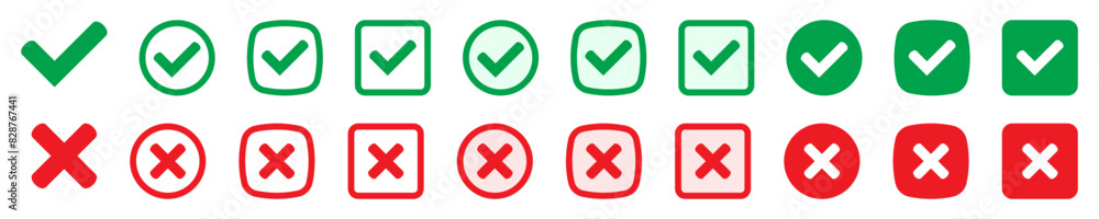 Right or wrong icons. Green tick and red cross checkmarks. Yes or no symbol, approved or rejected icon for user interface. Right or wrong icons. Green tick and red cross checkmarks. Yes or no symbol, approved or rejected icon for user interface.