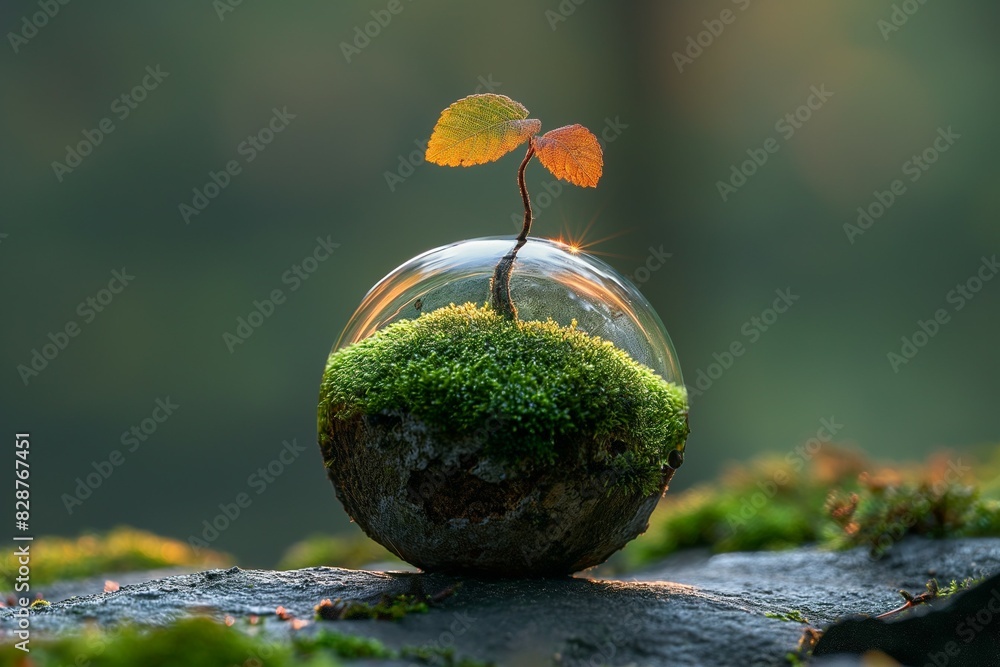 A small tree sapling growing out of moss inside a soap bubble in the green forest. A small tree sapling growing out of moss inside a soap bubble in the green forest.