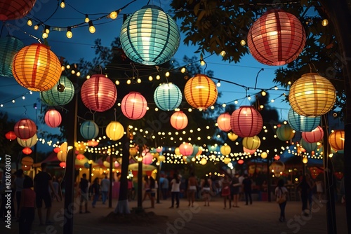 Colorful lanterns light up a festive night scene with people gathering.