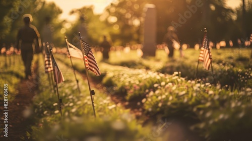Rows of soldiers placing flags at Arlington, capturing the spirit of Memorial Day, solemn tone, selective focus, Tribute theme, whimsical, Manipulation, Arlington National Cemetery backdrop photo