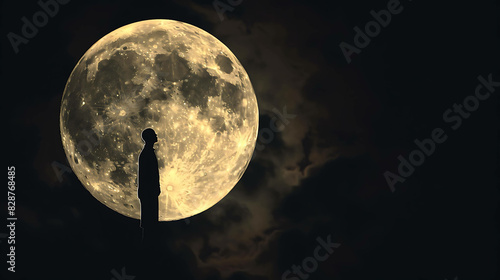 The full moon rises over a lonely figure standing on a hilltop. The dark cloudscape and bright moonlight create a dramatic scene. photo