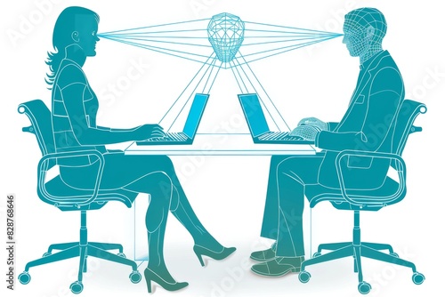 Two people working on laptops with connected neural networks  digital illustration  blue tones  modern technology  innovation  collaboration  indoor setting