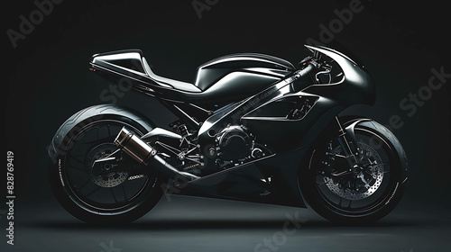 A sleek and powerful black motorcycle is sitting on a dark background. The motorcycle is has a futuristic design and looks like it is ready to race. © Nurlan