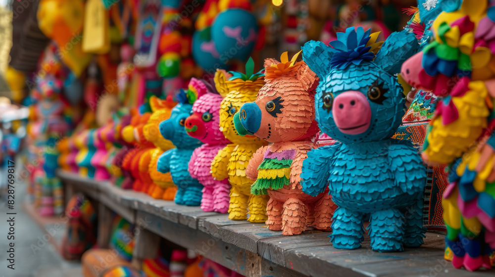 bright pinatas lining up at san antonio market create a festive and traditional fiesta ambiance, filled with vibrant colors and liveliness