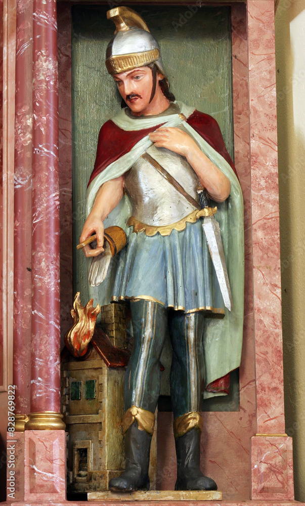Obraz premium Saint Florian, statue on the altar of Sacred Heart of Jesus in the parish church of Saint Luke in Lukac, Croatia