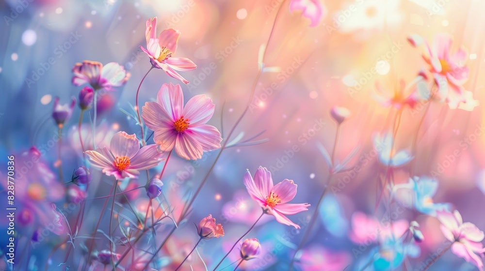 Vibrant field of cosmos flowers bathed in golden sunlight, a serene and picturesque depiction of nature's beauty. Generative Ai Vibrant field of cosmos flowers bathed in golden sunlight, a serene and picturesque depiction of nature's beauty. Generative Ai