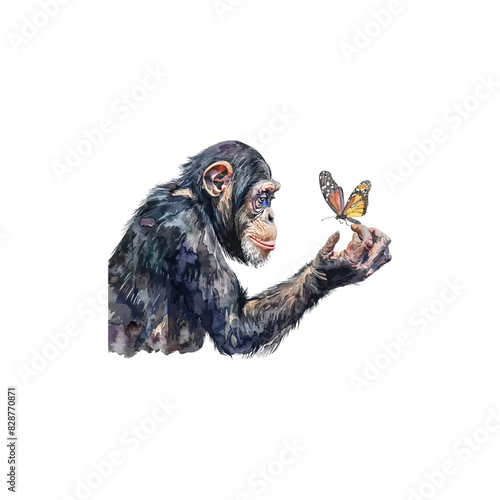 Watercolor Chimpanzee Holding Butterfly. Vector illustration design.
