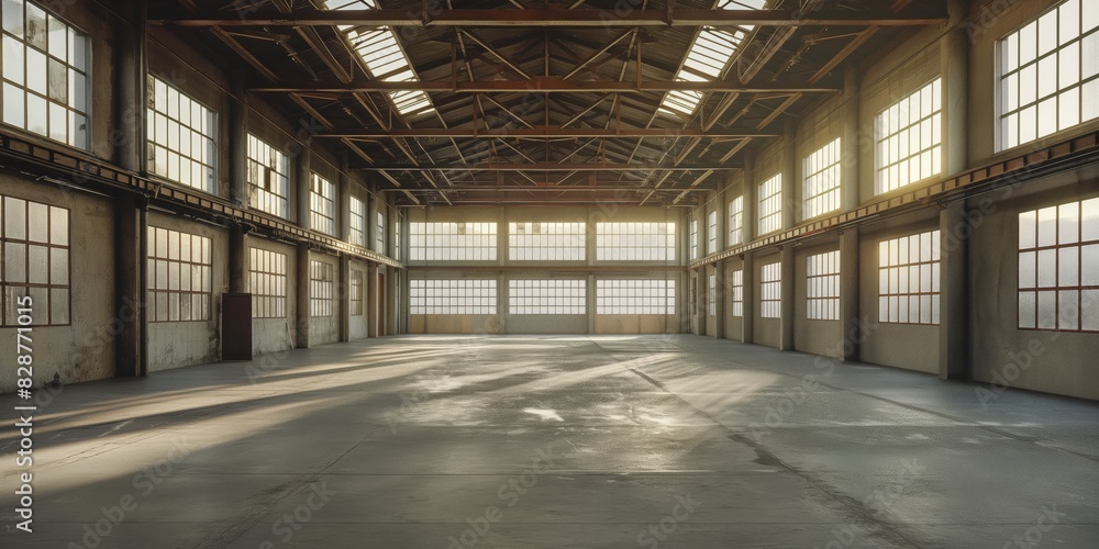 This large, empty industrial warehouse features high ceilings and windows allowing natural light