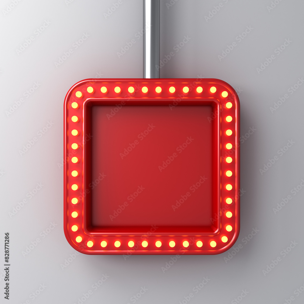 Hanging retro square sign or retro billboard display box or blank red signboard frame with glowing yellow neon light bulbs isolated on dark white wall background with shadow 3D rendering