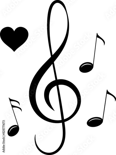 Musical theme. Large treble clef, heart and notes.  Musical note, small tattoo, print for clothing.