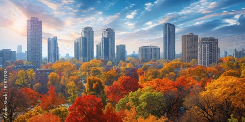 Wallpaper Mural Vibrant autumn colors adorn the trees in the foreground of a city skyline under a clear sky at sunset Torontodigital.ca