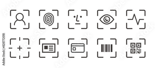 Scan icon set. identity document icon set. Containing Id card, face id and eye scan icons. Vector illustration.
