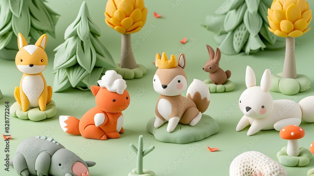 Fototapeta premium Charming Clay Forest Animal Figurines in Serene Woodland Setting