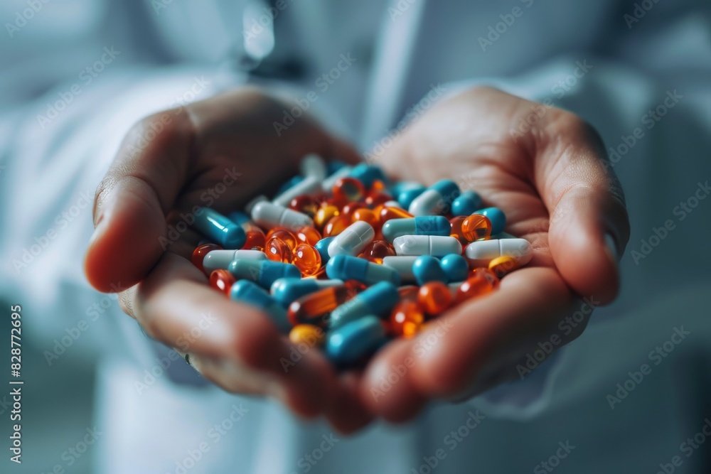 Doctor holding a group of medical pills and capsules, AI generated Doctor holding a group of medical pills and capsules, AI generated