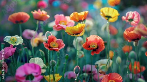 Field of Colorful Shirley Poppy Flowers photo