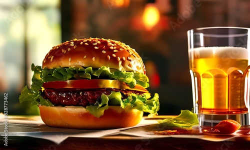 Bar setting features an oversized cheeseburger with glistening cheddar layers of fresh lettuce  Ai Generated