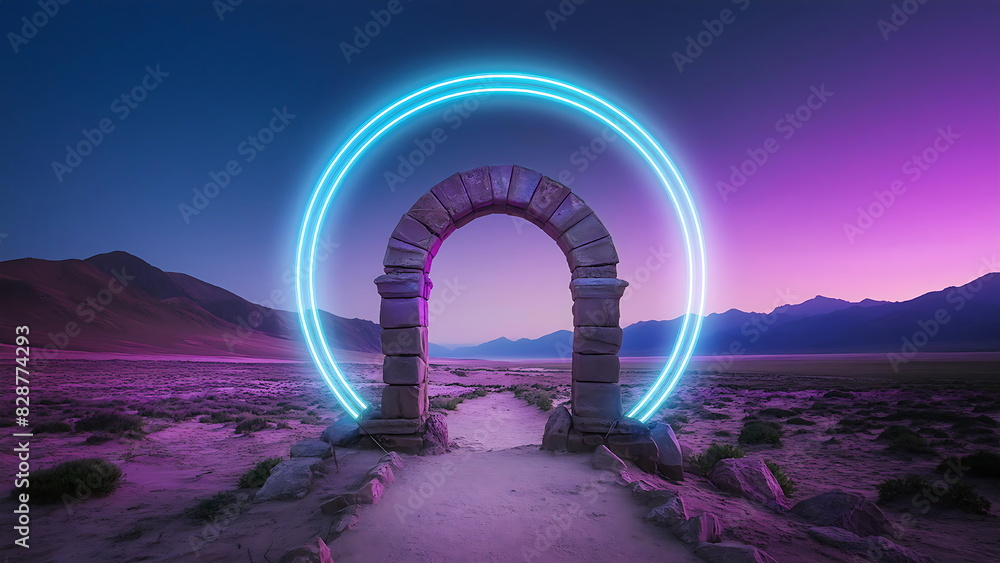 Sci-Fi Desert Scene with a Neon-Lit Archway, A Gateway to Another World Sci-Fi Desert Scene with a Neon-Lit Archway, A Gateway to Another World