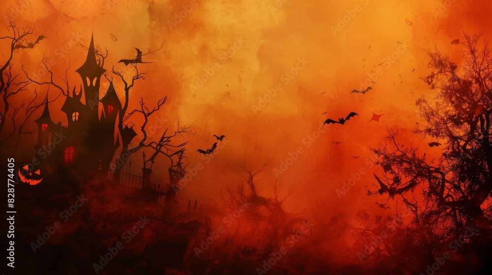 Spooky Halloween Scene With Castle and Bats Spooky Halloween Scene With Castle and Bats