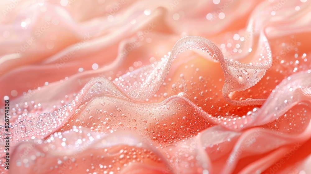 Sublime waves of pink and peach silk embellished with delicate sparkling droplets, capturing a dreamlike softness and glow. Generative Ai Sublime waves of pink and peach silk embellished with delicate sparkling droplets, capturing a dreamlike softness and glow. Generative Ai
