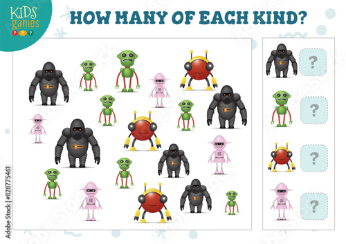 How many of each kind cartoon robot kids counting game vector illustration