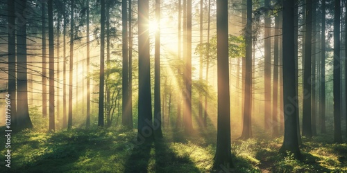Magical scene of golden sunrays piercing through a misty green forest  creating a play of light and shadows