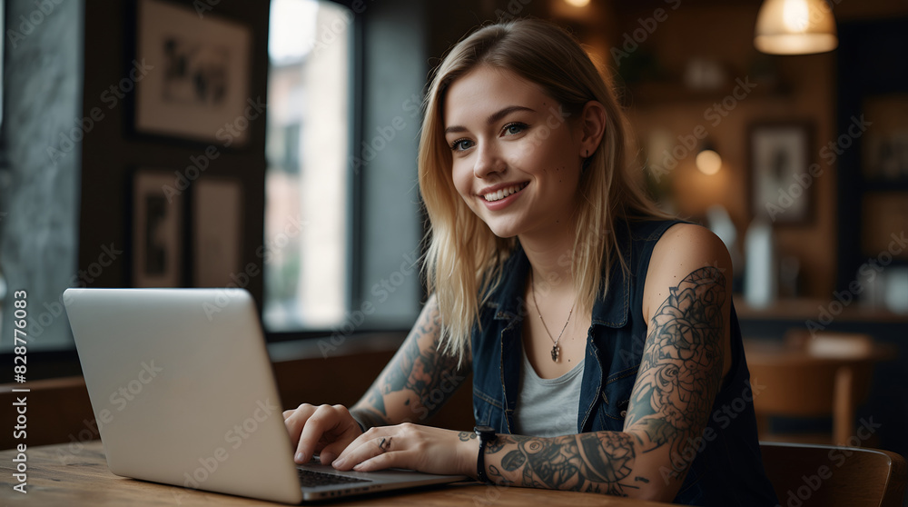 Young woman working on laptop in cafe. smiling and look at camera. Girl with tattoo, designer freelancer or student work on computer laptop at table. Young woman working on laptop in cafe. smiling and look at camera. Girl with tattoo, designer freelancer or student work on computer laptop at table.