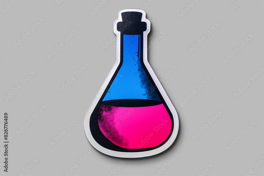 Single potion bottle with blue and pink liquid in a minimalist vector illustration on a gray background, emphasizing simplicity and modern design Single potion bottle with blue and pink liquid in a minimalist vector illustration on a gray background, emphasizing simplicity and modern design