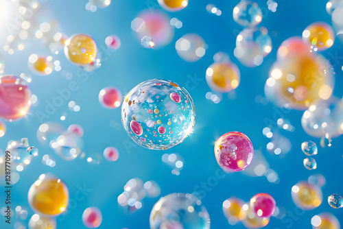 A cluster of bubbles drifting in the air against a backdrop of a clear blue sky