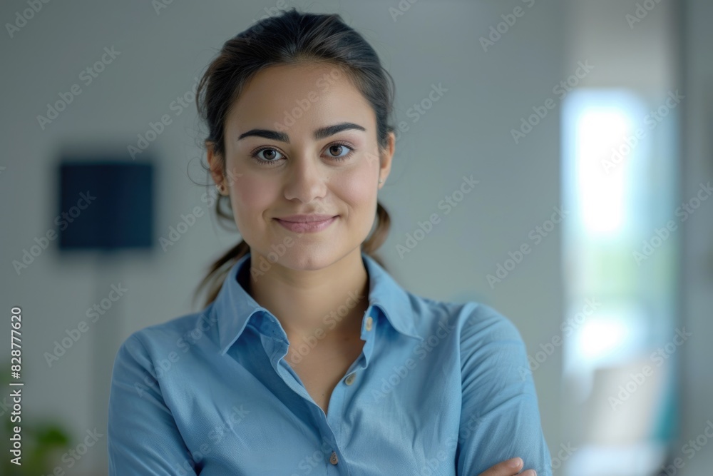 Confident young professional woman in blue shirt smiling indoors. Confident young professional woman in blue shirt smiling indoors.