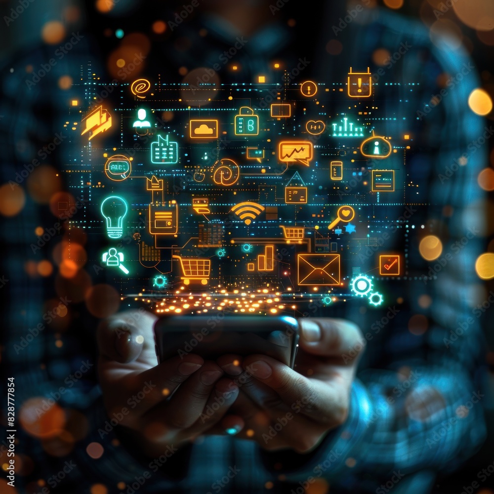 A person holding his mobile phone for shopping browsing social media with icons floating over the screen, showing digital shopping, technology social media platform connection A person holding his mobile phone for shopping browsing social media with icons floating over the screen, showing digital shopping, technology social media platform connection