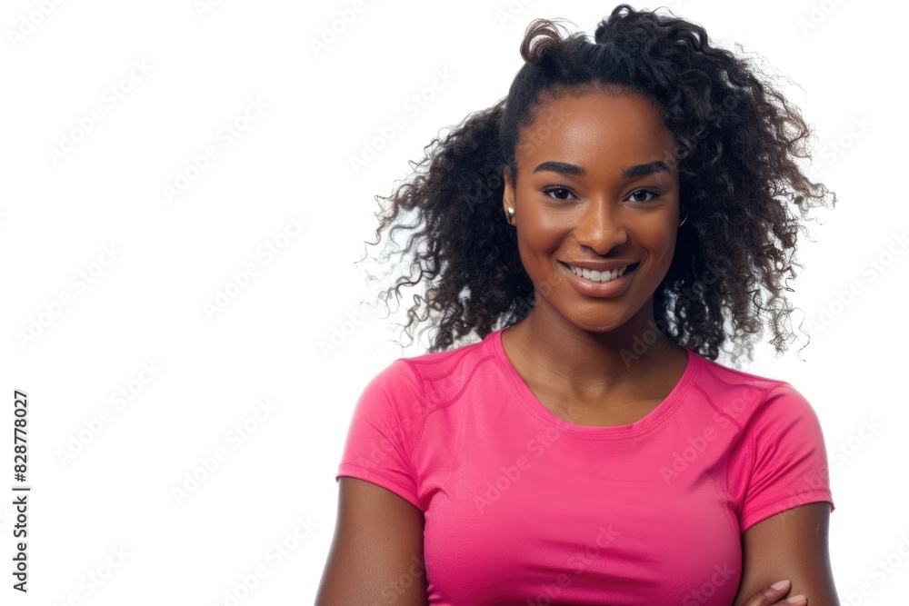 Happy young black fitness woman isolated over white background