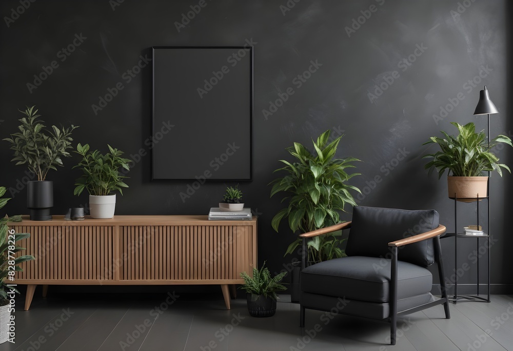 frame mockup Picture in dark tones with leather black armchair and decoration minimal.3d rendering frame mockup Picture in dark tones with leather black armchair and decoration minimal.3d rendering