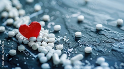 Cardiogram created from white medication tablets and a red paper heart representing concepts in pharmacology and cardiology