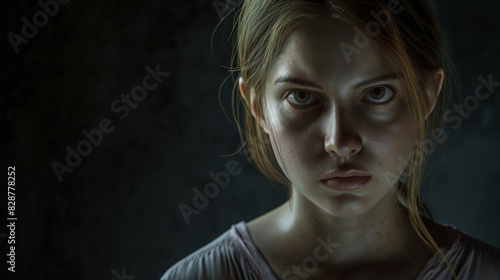 An angry & scared vulnerable young teen girl for crime or violence with fear on a dark background. Terrified, or horrified girl or woman, harassment, distress concepts.	 photo