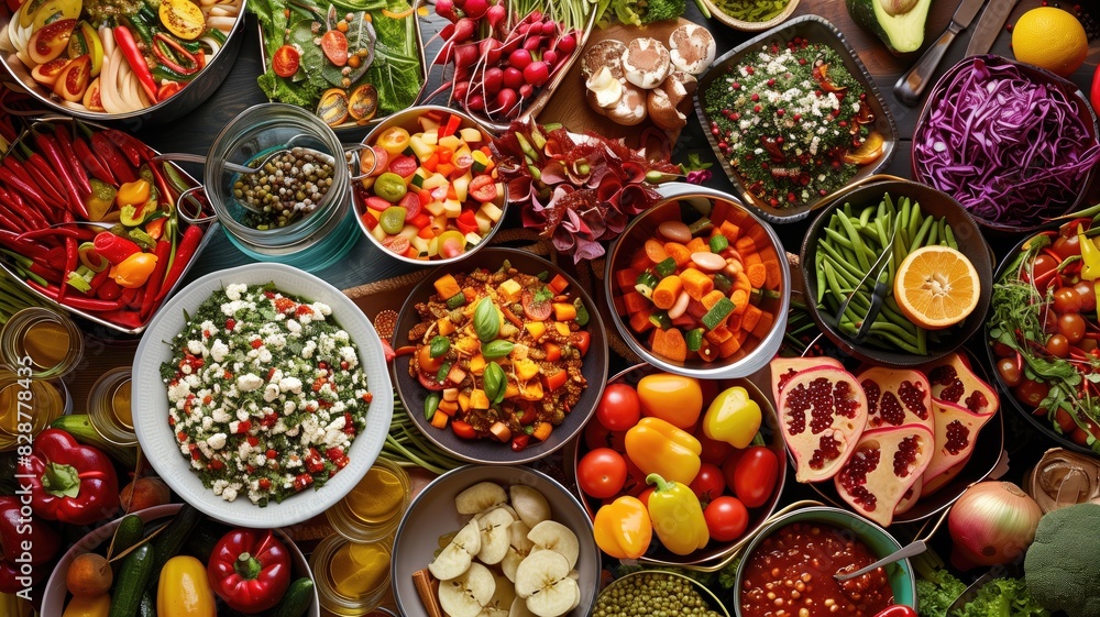 Colorful vegetarian buffet spread with various vibrant dishes, fresh vegetables, and fruits. Colorful vegetarian buffet spread with various vibrant dishes, fresh vegetables, and fruits.